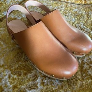J. Crew Wood and Tan Leather Clogs with Gold Studs
